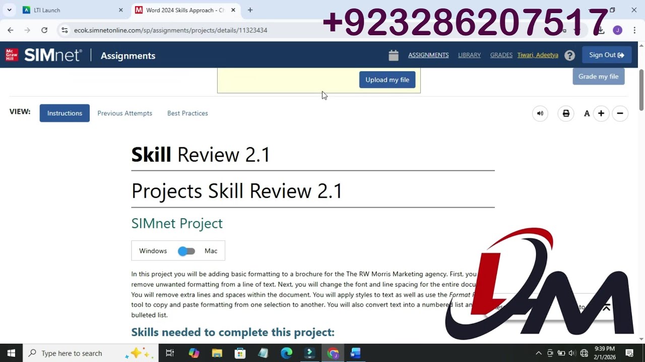 Word 2024 Skills Approach - Ch 2 Skill Review 2.1 | Help SIMnet | Word 2024 Ch 2 Skill Review 2.1