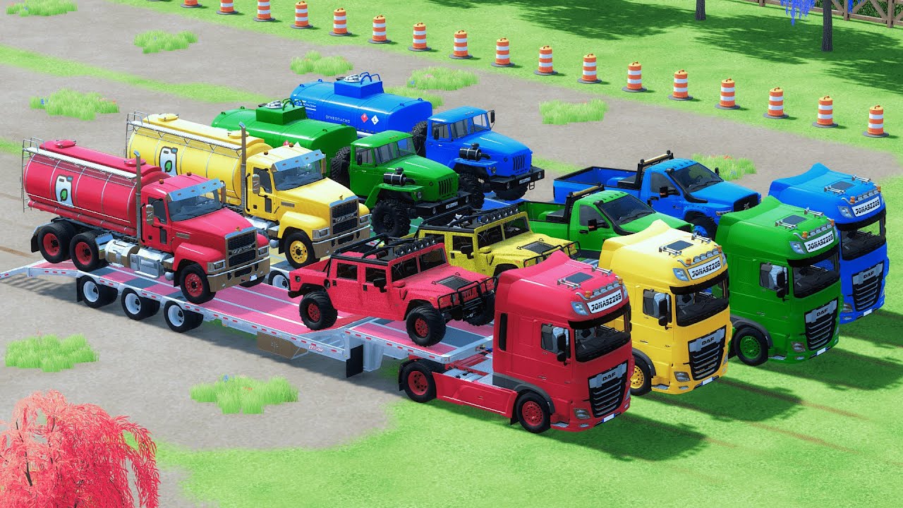 TRANSPORTING HUMMER, TLX 3500, DAF, MACK TANKER TRUCK, COLORFUL CARS WITH TRUCK - FS22