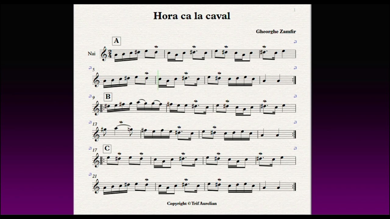 Hora ca la caval  - music sheet for Pan flute, violin