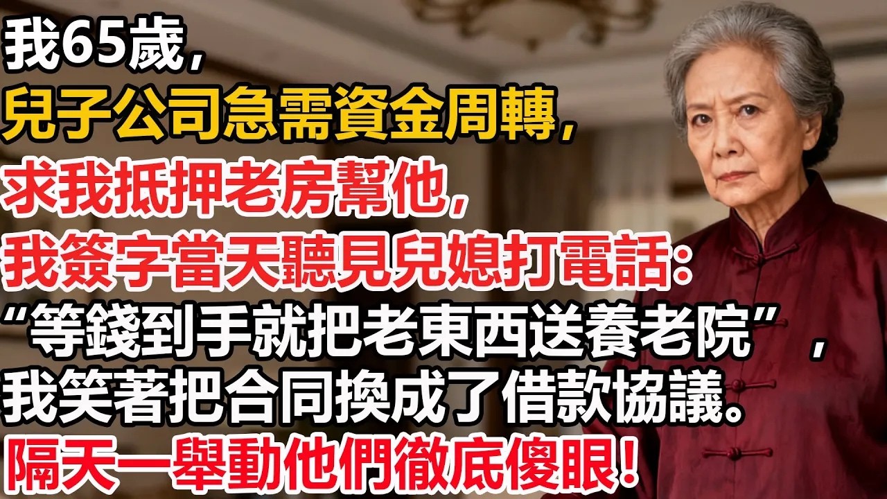 【我65歲】兒子公司急需資金周轉，求我抵押老房幫他，我簽字當天聽見兒媳打電話：“等錢到手就把老東西送養老院”，我笑著把合同換成了借款協議。隔天一舉動他們徹底傻眼！