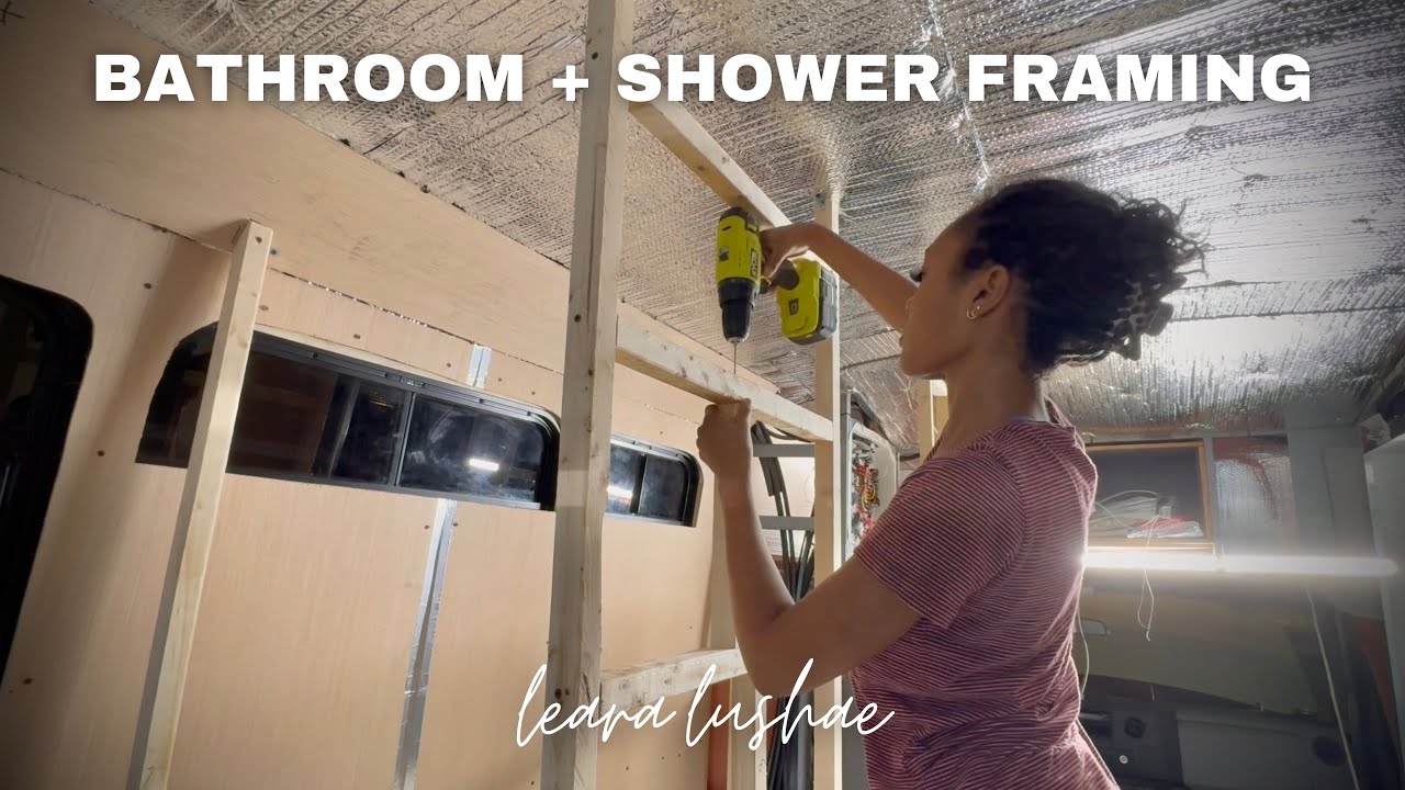 shuttle bus build // EP 8 // bathroom + shower framing