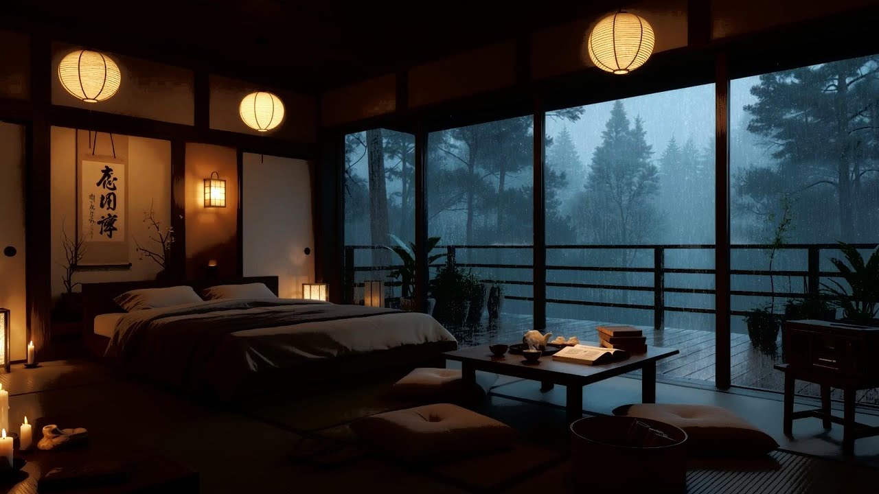 Rain and Thunder on a Wooden Porch | Soft Piano and Fireplace Sounds for Sleep and Study