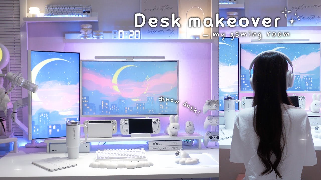𝙳𝚎𝚜𝚔 𝚖𝚊𝚔𝚎𝚘𝚟𝚎𝚛 | Full of light🌙 My new white gaming Desk setup✨