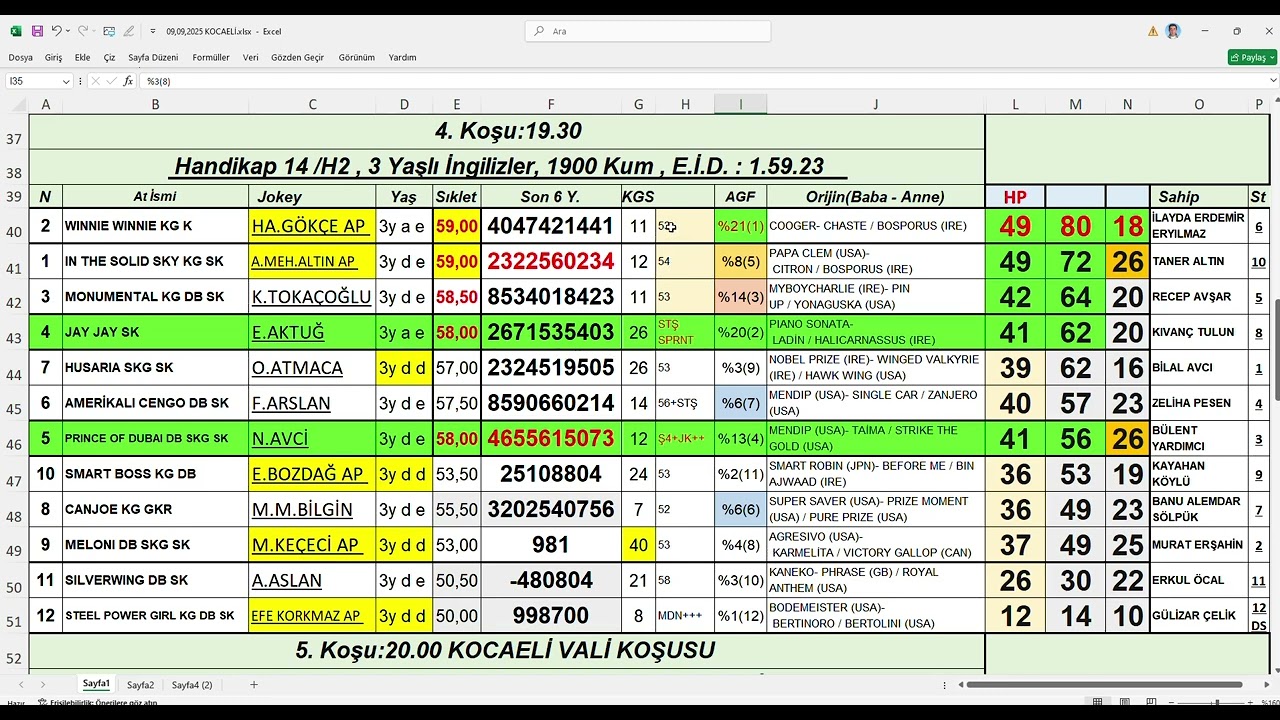 09,09,2025 Kocaeli At Yarışları Handikap Analiz B&uuml;lteni