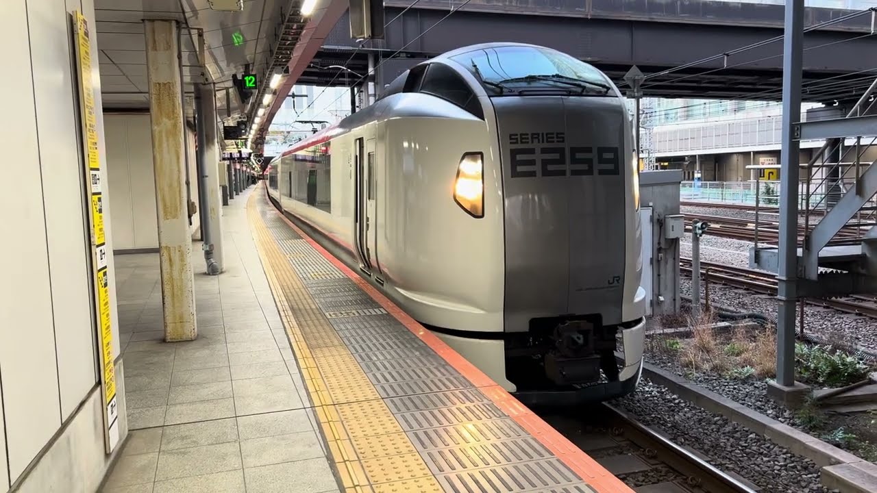 E259系0番台Ne001編成(トップナンバー)＋Ne017編成特急成田エクスプレス成田空港行きがJR新宿駅5番線を発車するシーン 2026.2.23