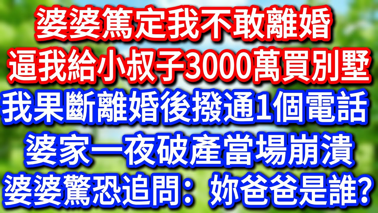 婆婆篤定我不敢離婚，逼我給小叔子3000萬買別墅， 我果斷離婚後撥通1個電話，婆家一夜破產當場崩潰，婆婆驚恐追問：妳爸爸是誰？#慧心家事#為人處世#生活經驗#情感故事#戀愛