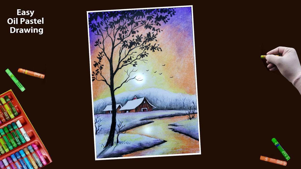 Drawing a Scenery with Oilpastel || Step by step || Scenery Drawing
