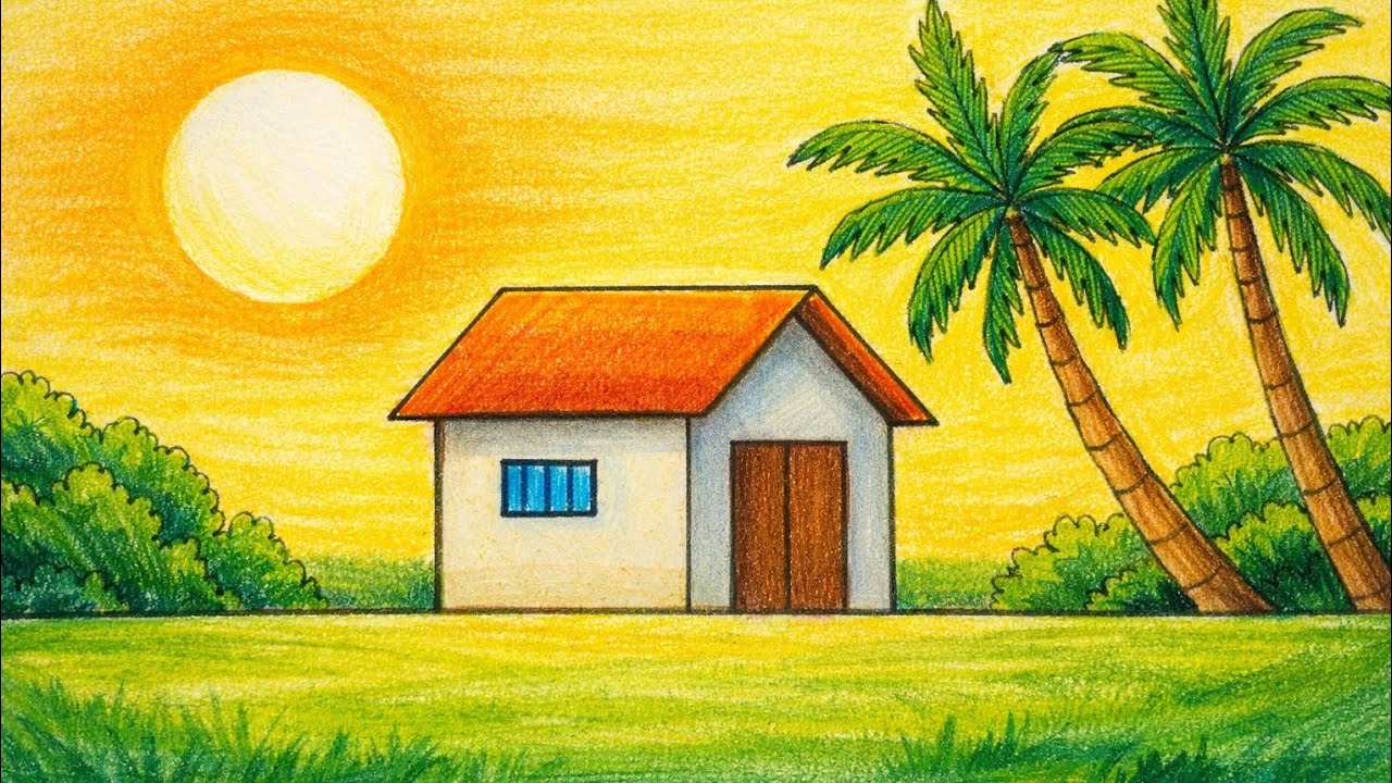 How to draw a beautiful village scenery || easy drawing || circle art @FarjanaDrawingAcademy 