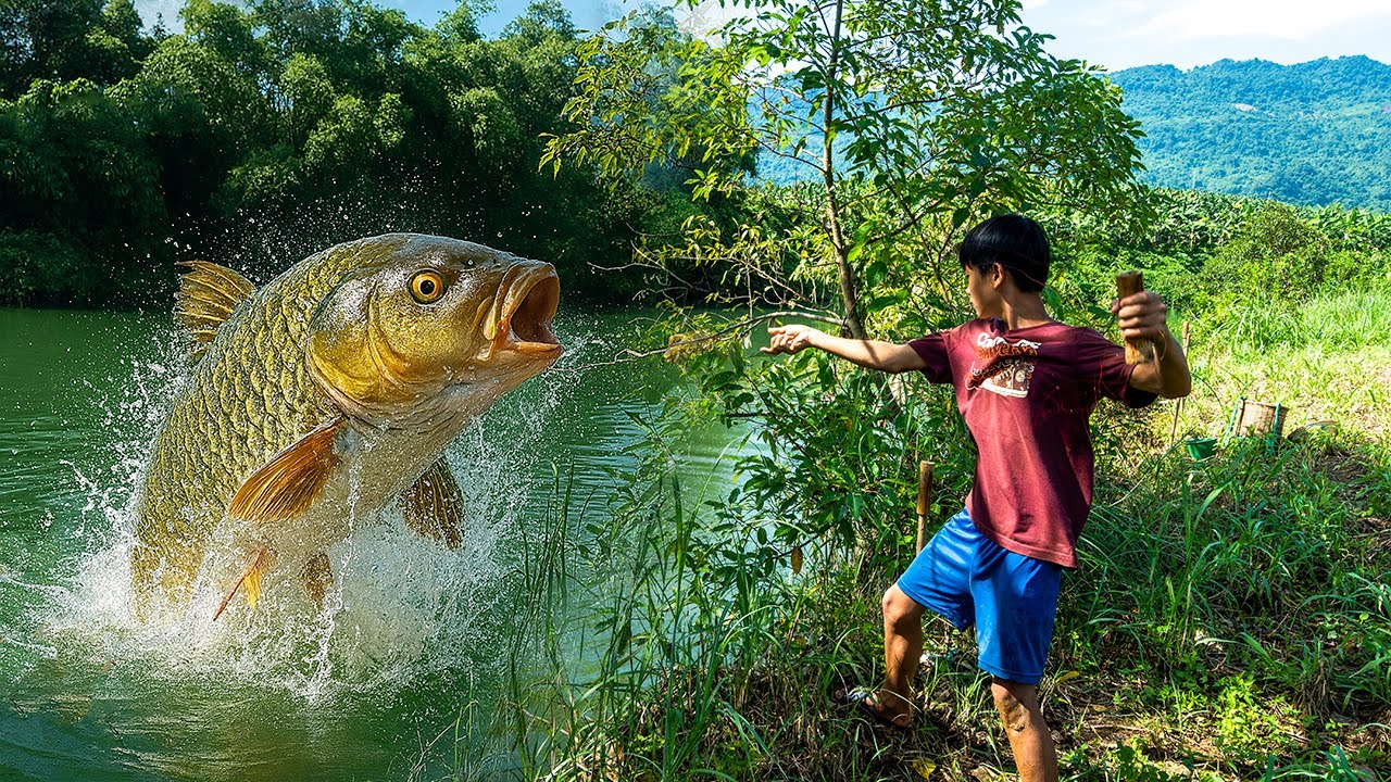 Orphan Boy Catches Fish with Earthworms and Grills in the Rain