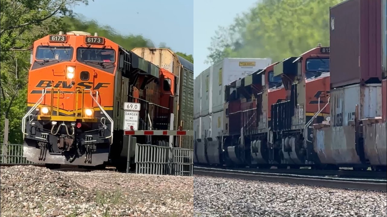 Giant 3x3x0 BNSF Mega Stack train & BNSF Manifest train! BNSF Transcon: Emporia sub..5/11/25