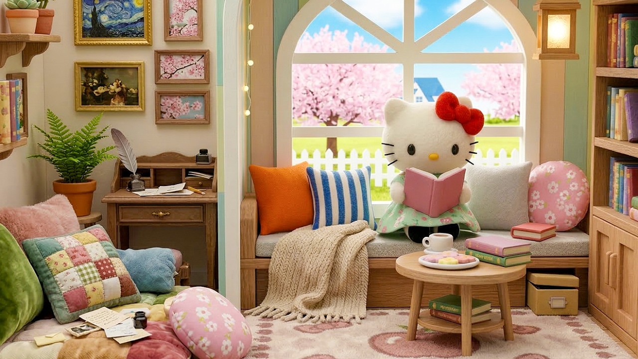 Hello Kitty 🌸 Sunny Spring Porch 🌷🎧 Soft Lofi Beats for Relax, Work & Calm Minds