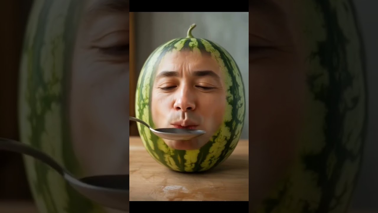 Hyper-Realistic Watermelon with a Human Face Eating from a Spoon | Surreal Fruit ArtWatermelonFace