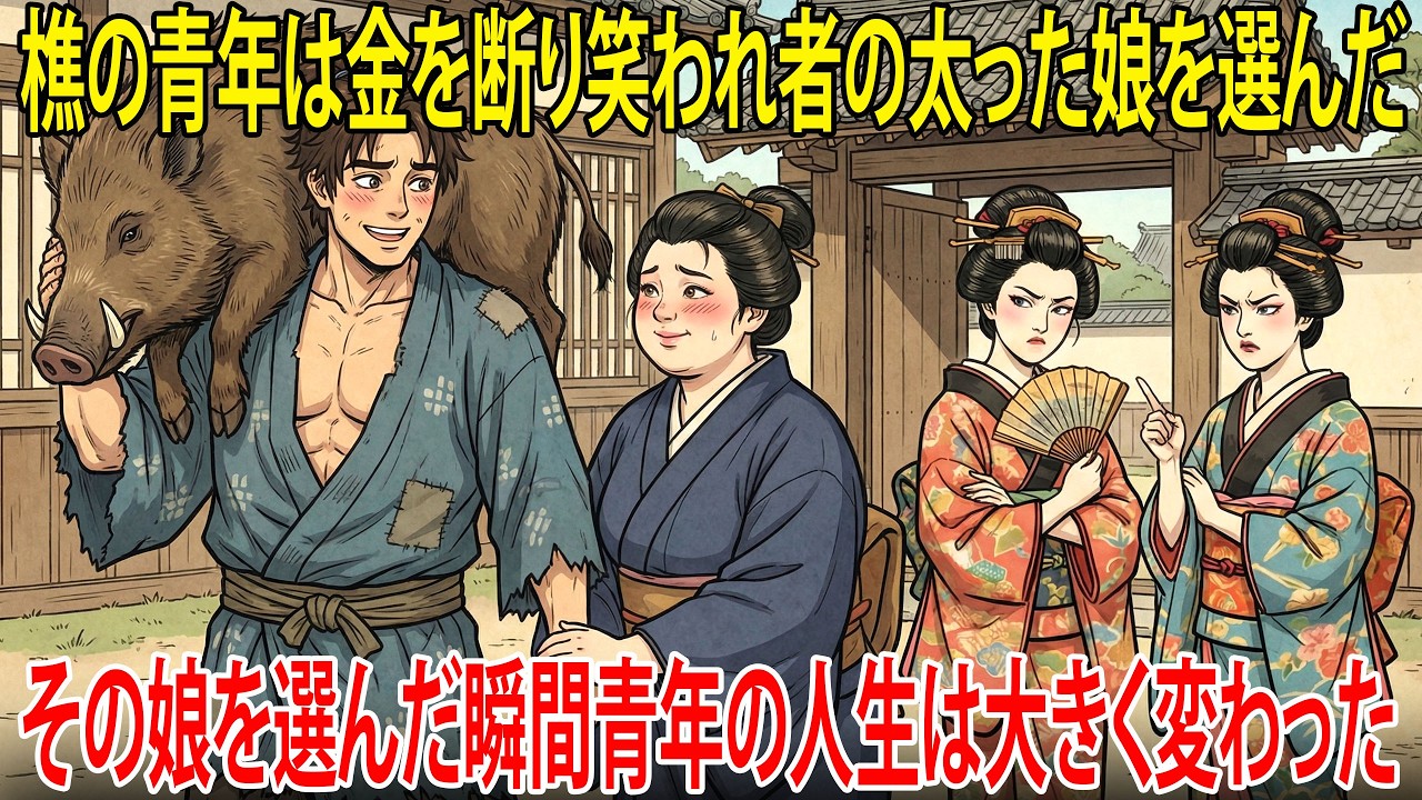 裕福な地主が狩りの最中に猪に襲われるが、樵の青年に命を救われた。地主は礼として金を差し出すも青年は断り、代わりに村中に笑われた太って食いしん坊の末娘との結婚を望んだ｜泣ける話｜民話｜昔話｜