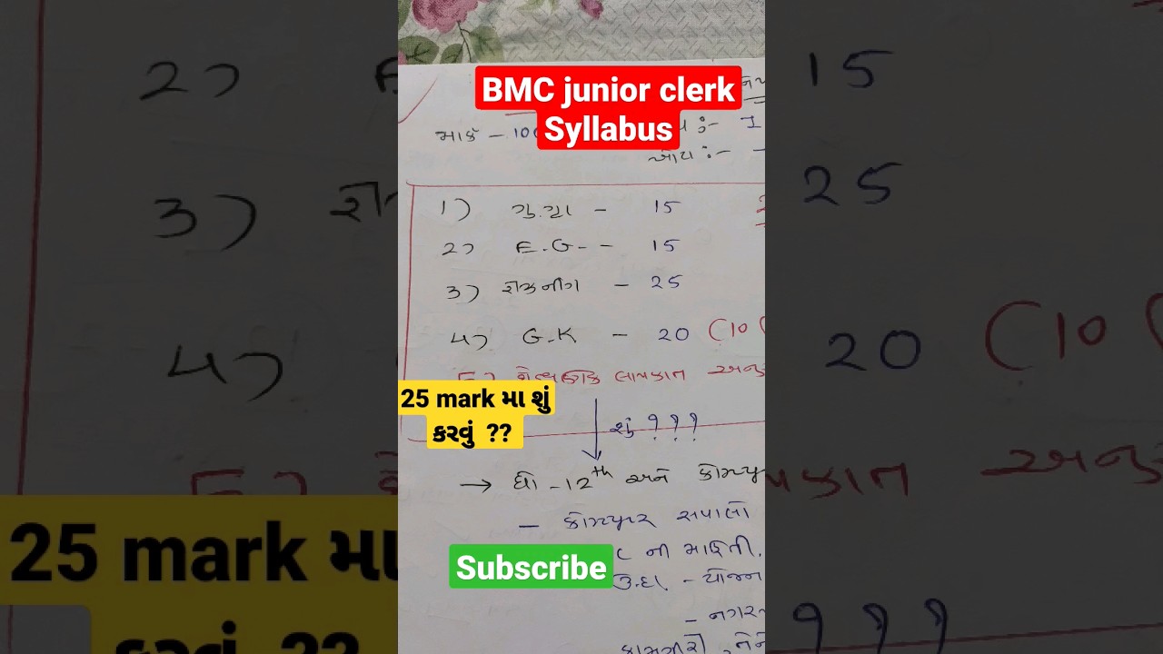 BMC junior clerk 2023  syllabus / 25 mark subject topic મા શું કરવું? 