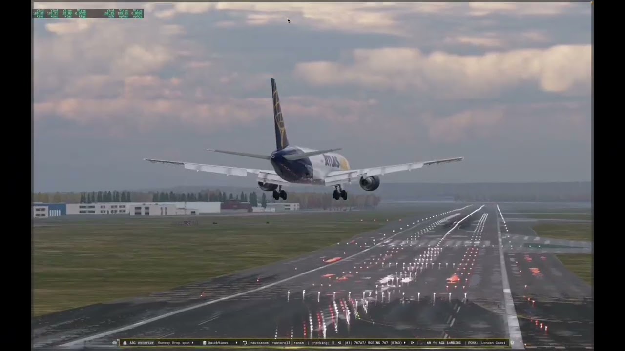 B767-300ER descend and  landing at Gatwick Airport, UK.[Go-around][ENGINE STALL AND HARD TOUCHDOWN]