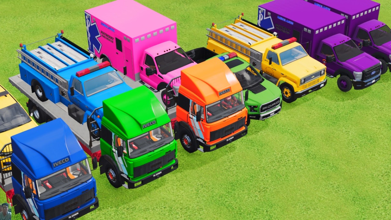 TRANSPORTING POLICE CARS, AMBULANCE, FIRE TRUCK, COLORFUL CARS WITH TRUCK GAME FARMING SIMULATOR 22