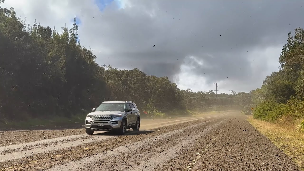 Huge rocks, Tephra, fall on motorists during a massive volcanic eruption in Hawaii