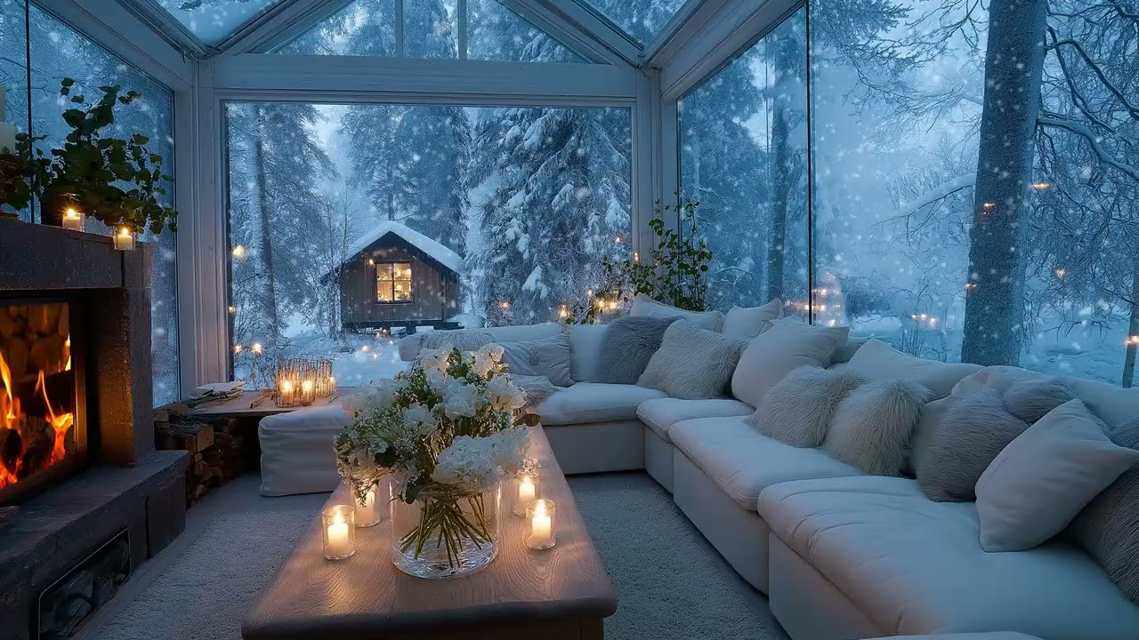 🔥❄️ Peaceful Piano Ambience | Warm Lounge Snowfall Outside | 3 Hours Stress Relief Study Relax Sleep