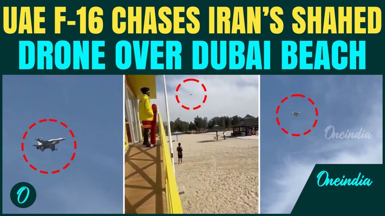Iran’s Shahed Drone CHASED By UAE F-16 in CHILLING Mid-Air FIGHT| UAE Jet BLASTS Iran’s Drone| VIDEO