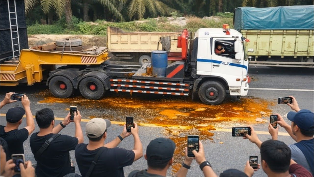 Truck kesulitan melintasi tanjakan karena tumpahan CPO 