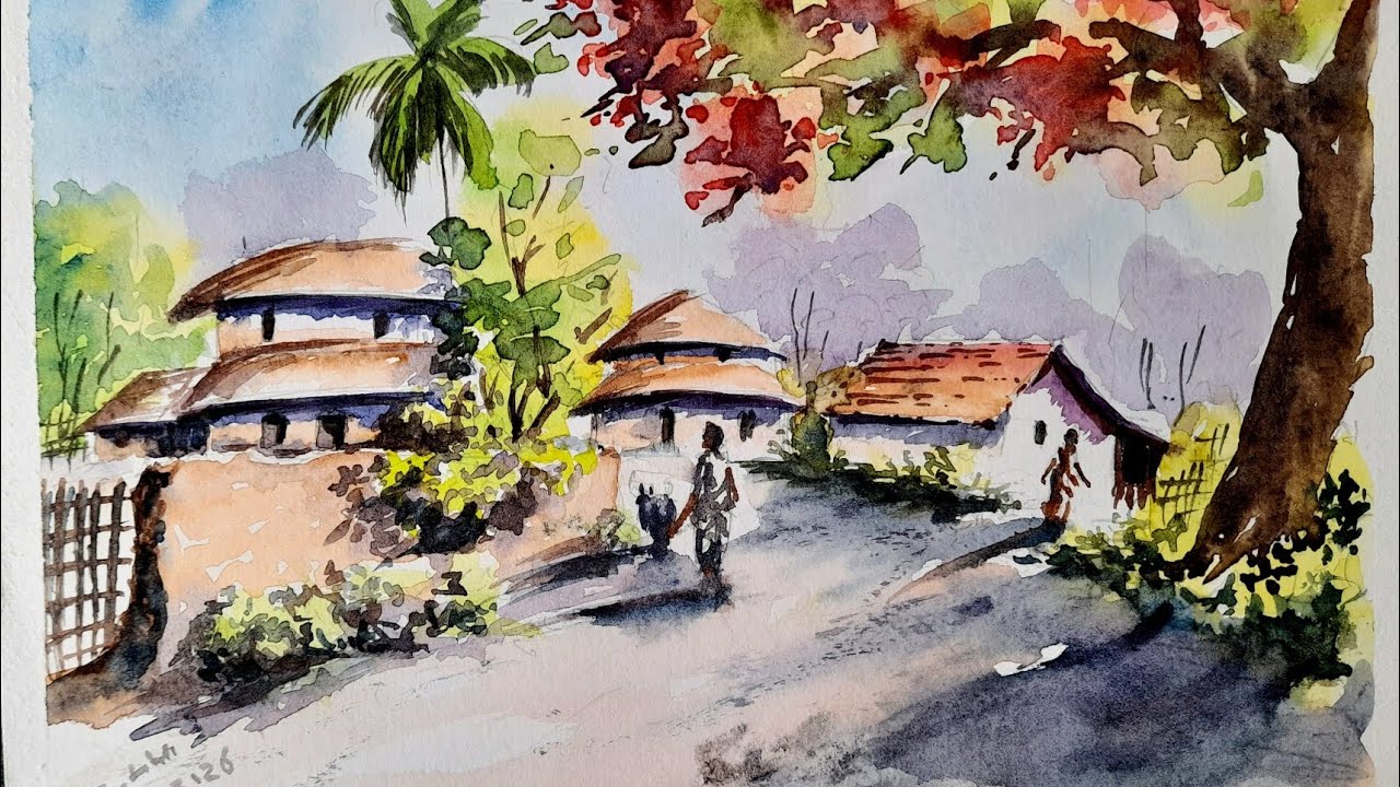 VILLAGE SCENARY DRAWING BY WATERCOLOUR 