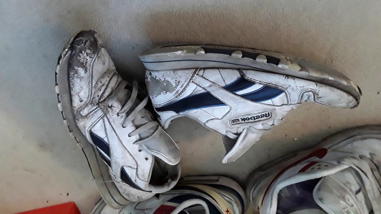 Reebok classics white blue, very well worn trainers