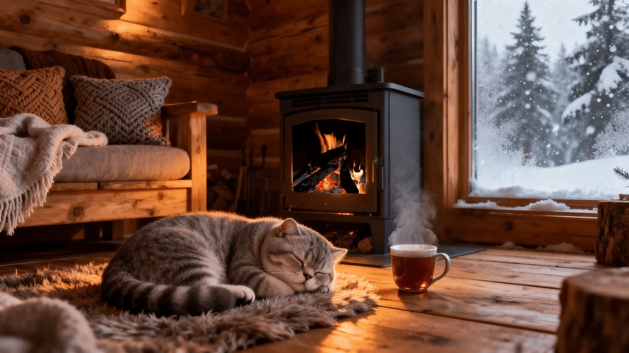 Cozy Winter Cabin in Snow ❄️ Warm Fireplace & Relaxing Piano for Deep Focus & Study