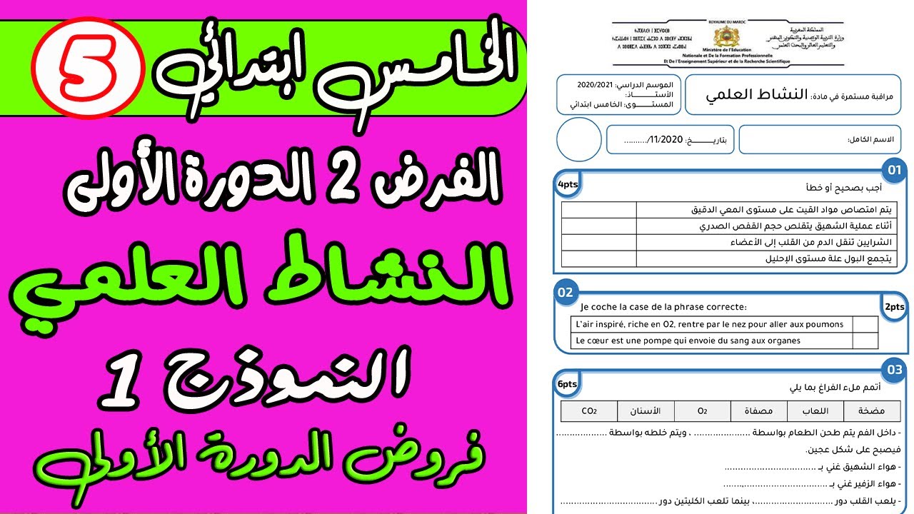 فروض المستوى الخامس ابتدائي المرحلة الثانية | مادة النشاط العلمي الفرض 2 الدورة الأولى النموذج 1