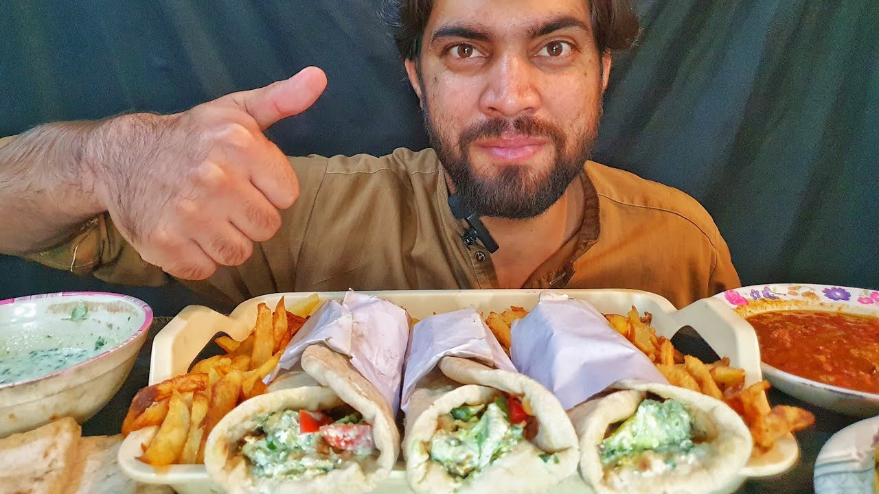 Eating Delicious Shawarma's with Spicy Beans, Crispy Chips and Delicious Fruits - Relaxing ASMR