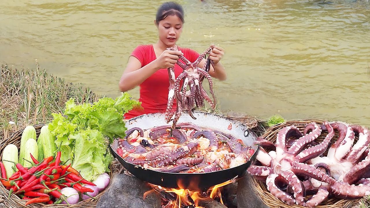 So Yummy Octopus Cooking Recipe and eating delicious for jungle food @RinaAdventureAllTime