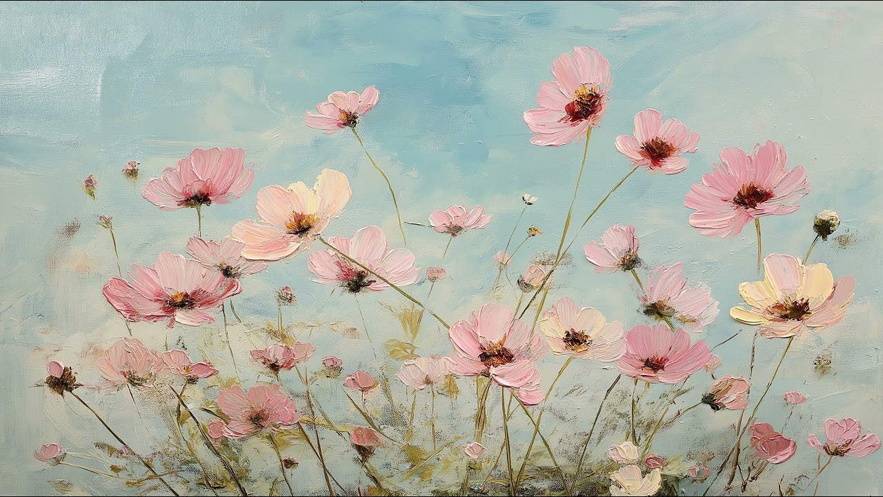 8 Hours Pink Cosmos Screensaver (4K) | Vintage Spring Floral Painting Wallpaper