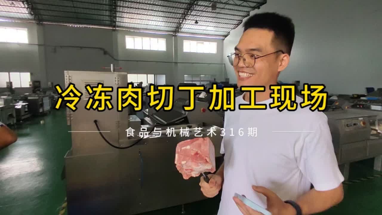 冷冻牛肉切丁机应用功能展示，冻肉切丁加工现场实拍