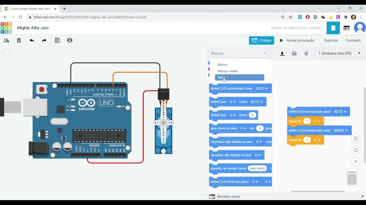 [Aula 23] Curso de Robótica Educacional - Uso de Servo Motor no Tinkercad (Arduino)