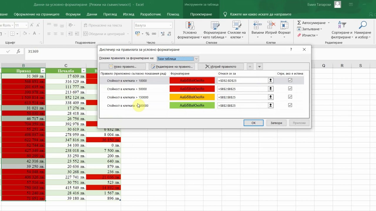 Условно форматиране на таблици в  Excel.