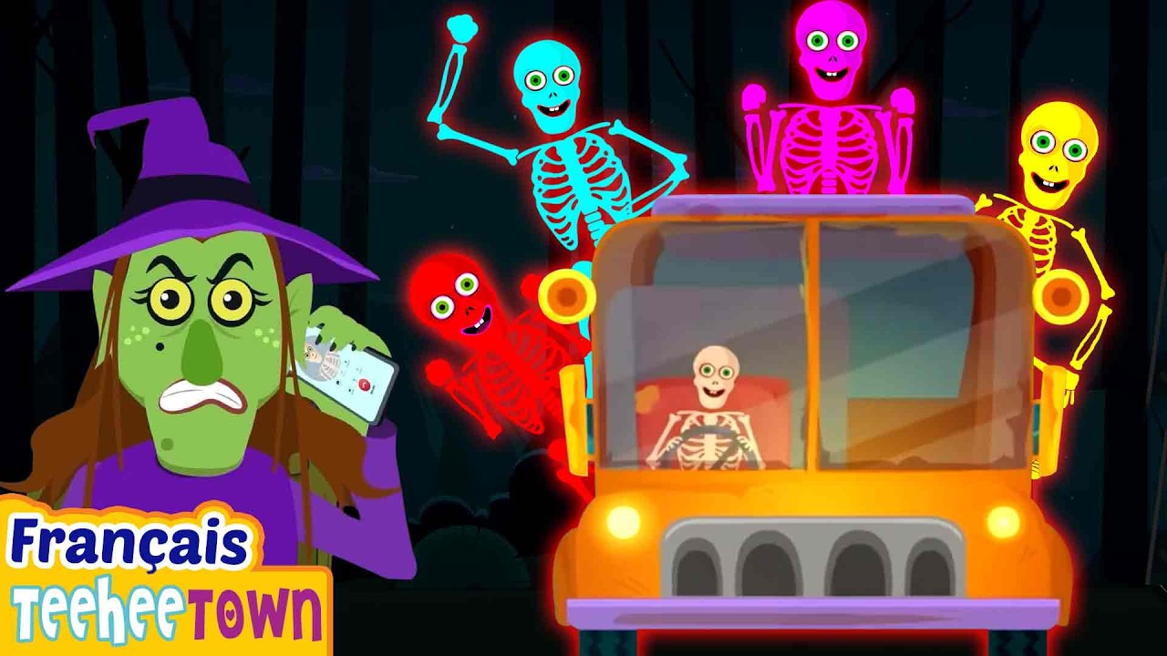 Cinq squelettes voyageaient dans un bus 💀| Chansons d'Halloween | HooplaKidz Franҫais