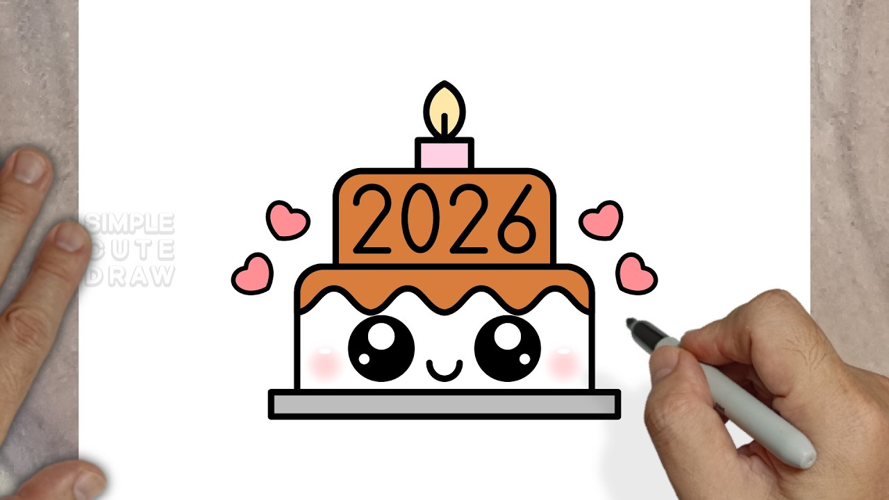 Как нарисовать милый новогодний торт 2026 года – простой праздничный рисунок для детей!