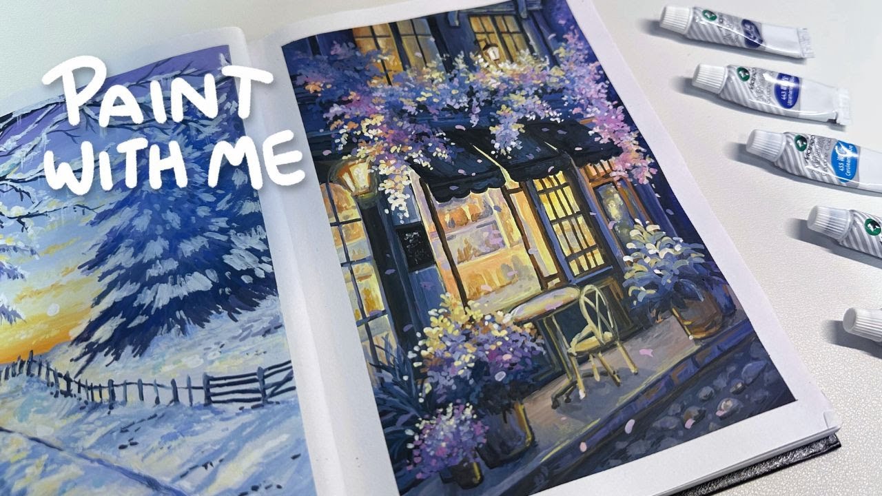 Painting dreamy night flower shop - paint with me/ gouache/ cozy art ✨