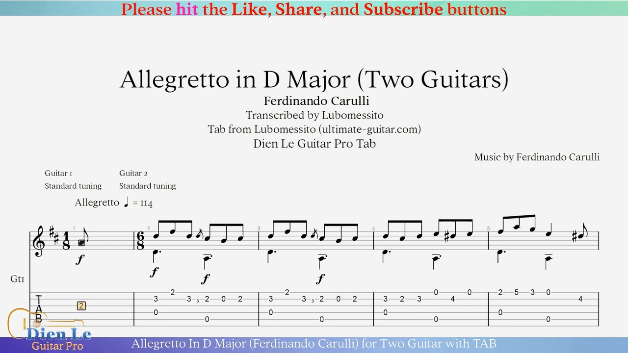 Allegretto In D Major (Ferdinando Carulli) for Two Guitar with TAB