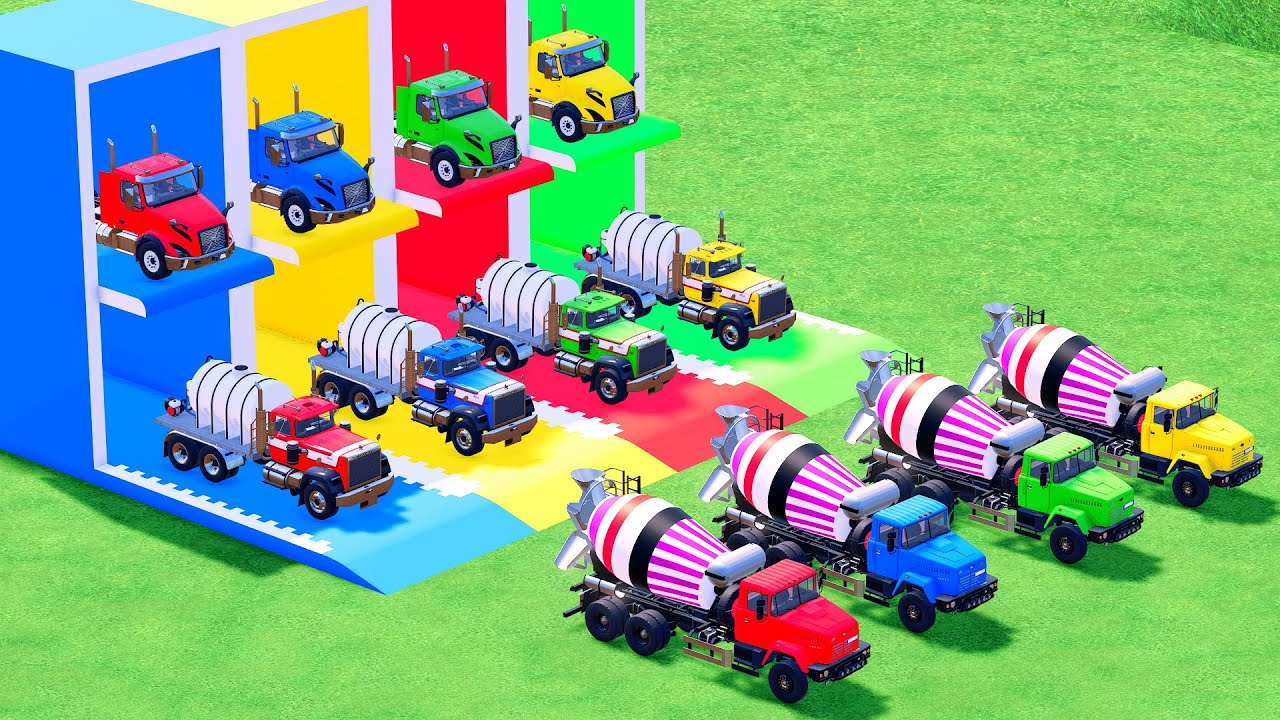 Garage with Colors - ALL MIXER TRUCK WITH DOUBLE FLATBED TRAILER TRUCK, SCANIA, MACK #38 - FS22