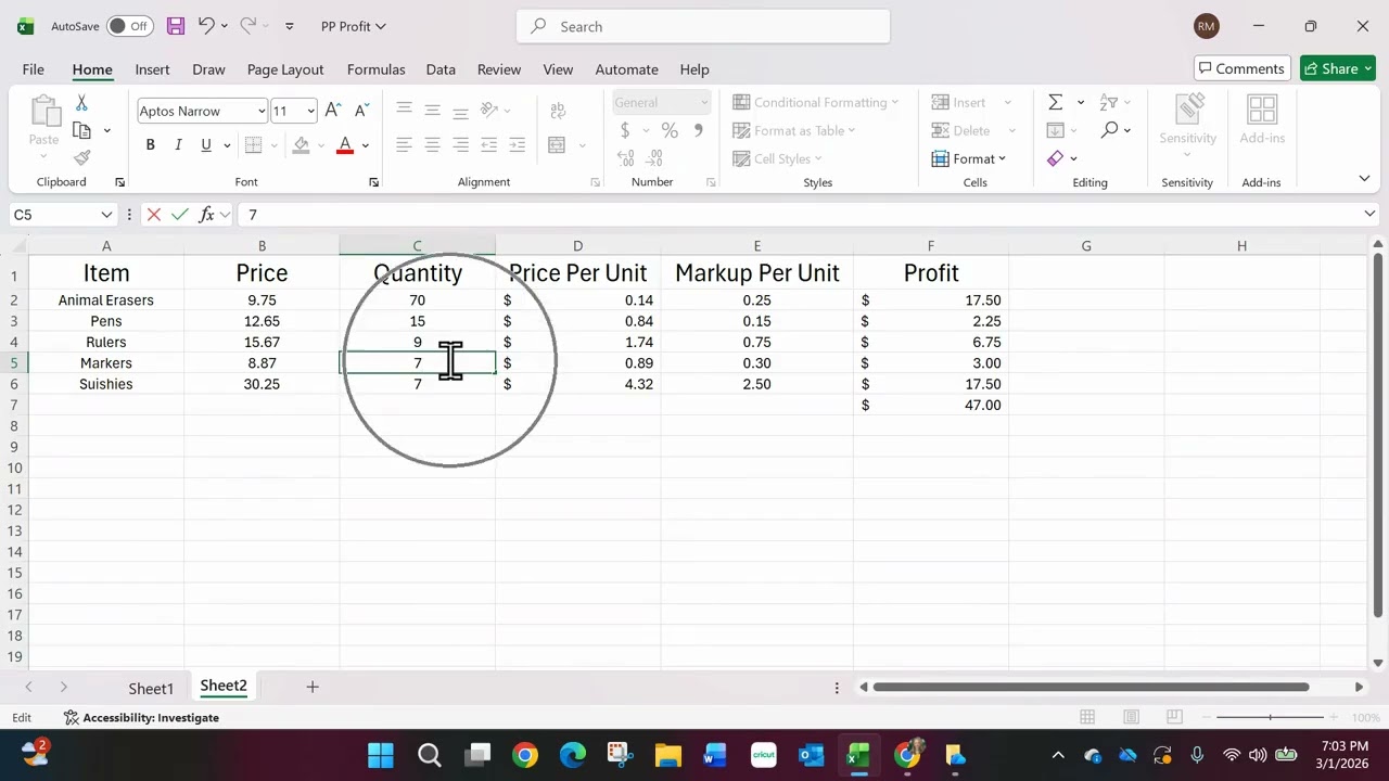 Excel Determining Panther Parlor Profit Formulas Part 3
