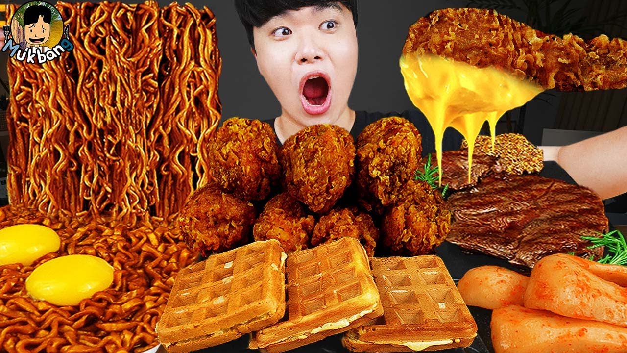 ASMR MUKBANG | Жареный цыпленок, стейк, лапша с черной фасолью, кимчи Корейская еда