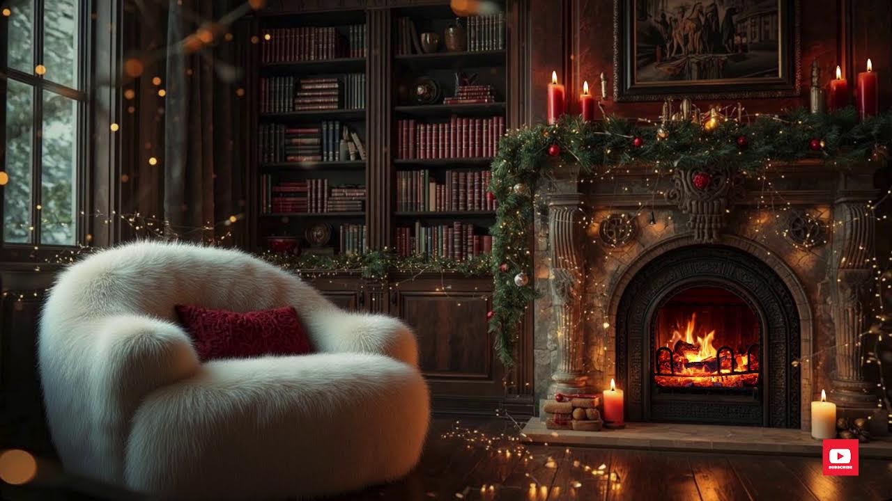 Cozy Christmas Fireplace Ambience | Crackling Fire, Snowy Window, Cozy Reading Nook