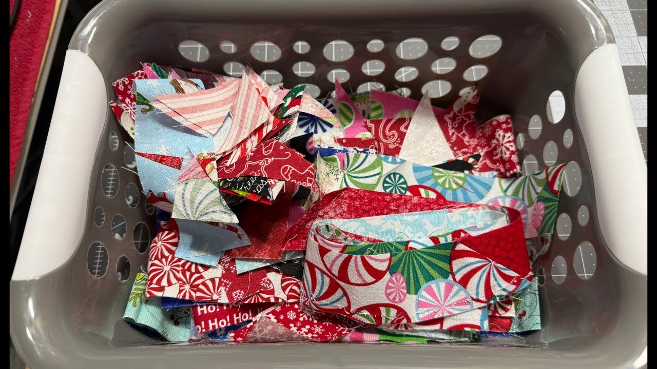 Sewing Smaller Christmas Scraps onto Paper Foundation Strips