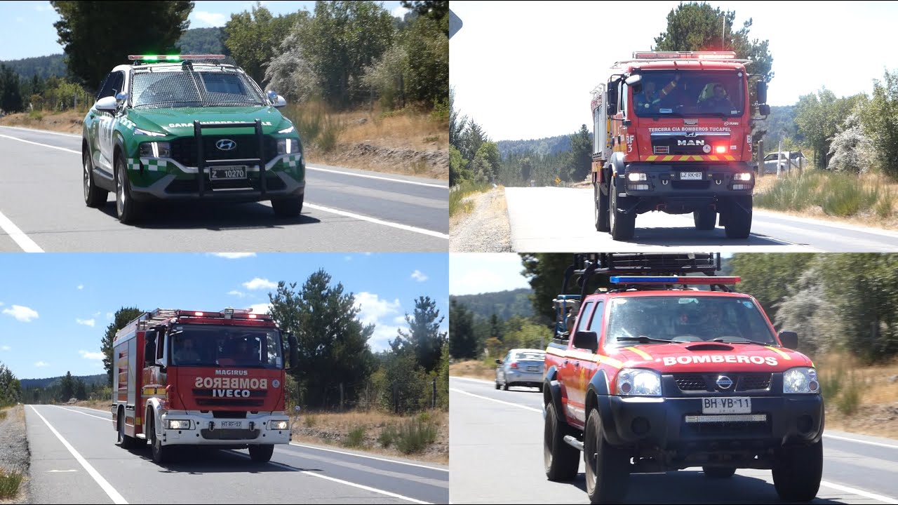 Unidades de Bomberos y Patrulla de Carabineros Hyundai Santa Fe 2023 en ruta a Incendio forestal