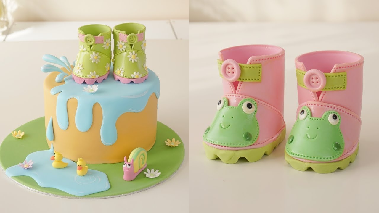 Rainy Day Cake With Fondant Baby Shoes  |  Daisy & Frog Rain Boots