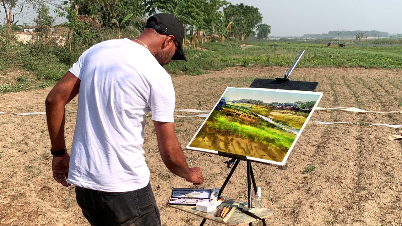 Plein Air Landscape Painting in Watercolour Tutorial | Watercolor Demo by Shahanoor Mamun