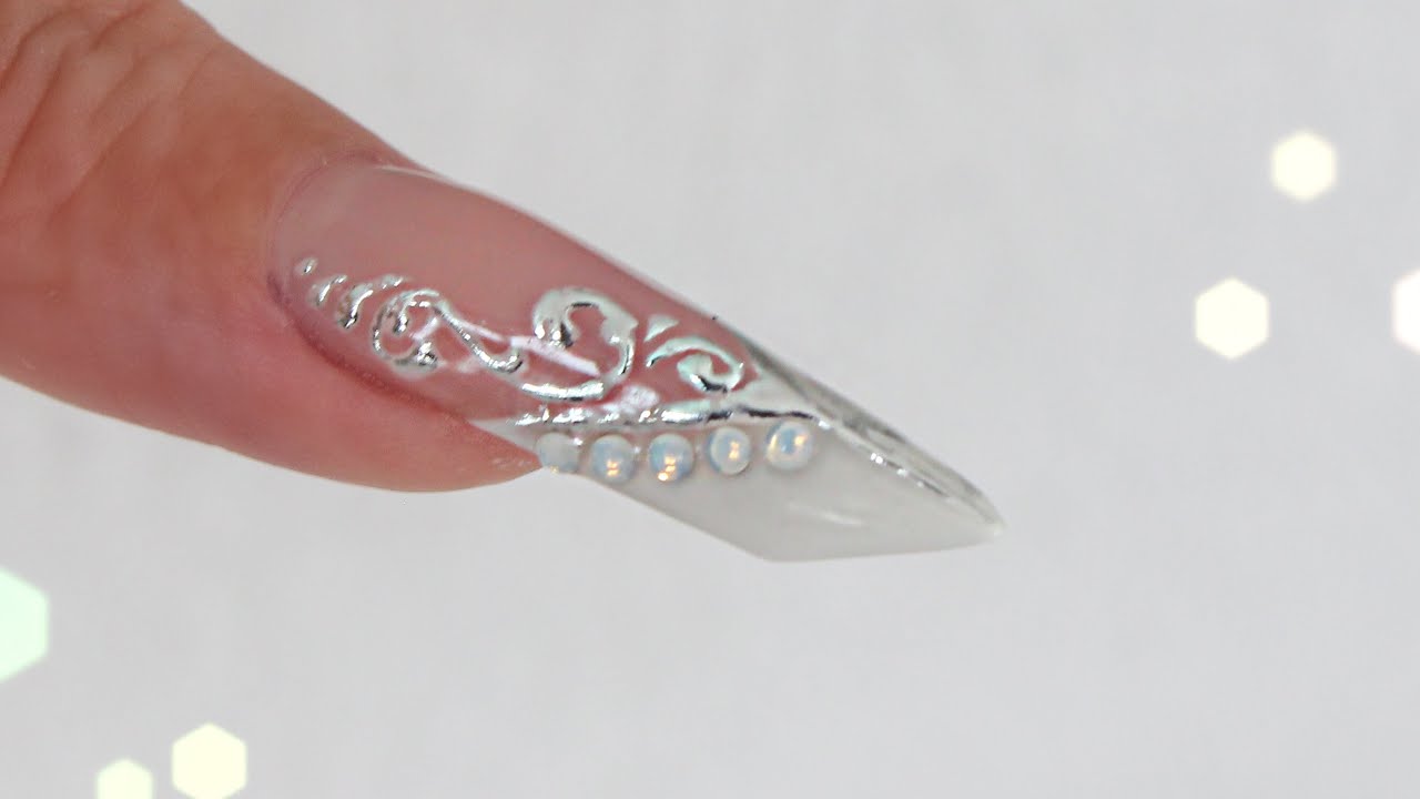 Platinum White Design Edge shape Nails Tutorial by Goda  ❤