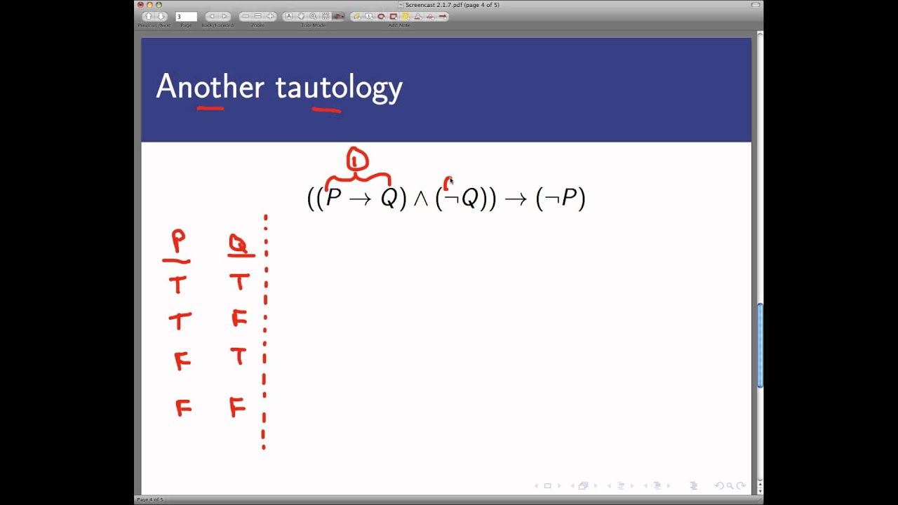 Tautologies and contraditions, part 1 (Screencast 2.1.7)