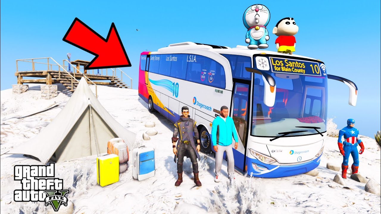 Franklin And Shinchan Start Road Trip Luxury Bus Los Santos To Mount Chiliad for Picnic In GTA V