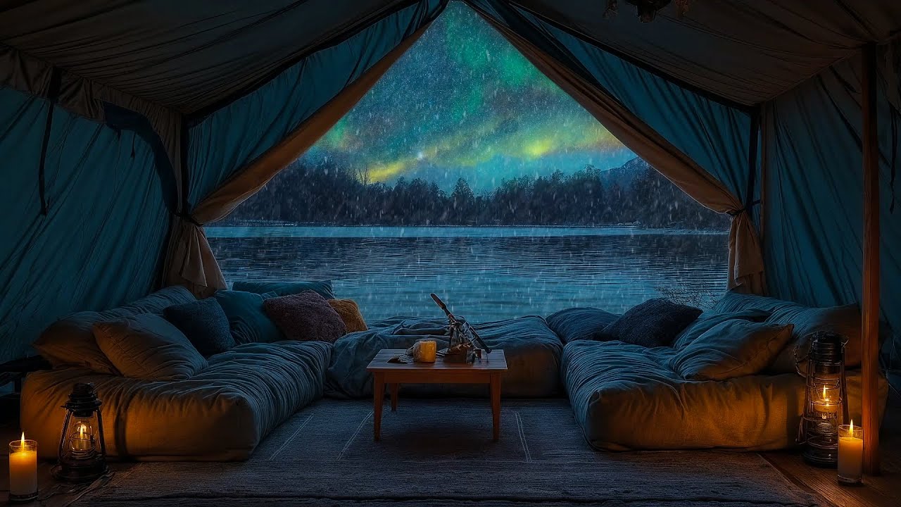 Glamping Under the Aurora 😴🌌 Cozy Tent Ambience with Soft Winter Air & Snowfall for Restful Sleep